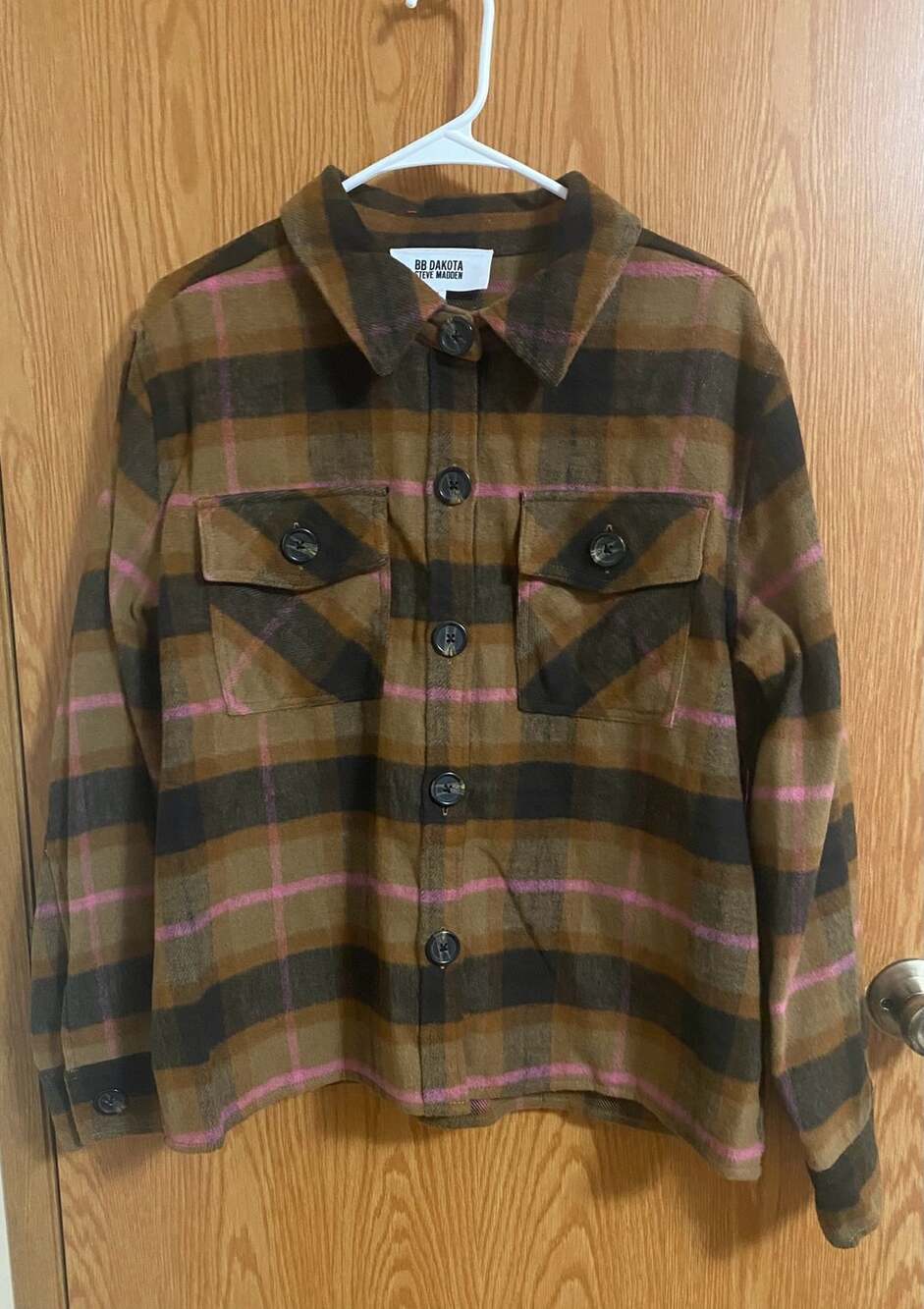 BB Dakota Steve Madden Brown Pink Plaid Boxy Shacket XL